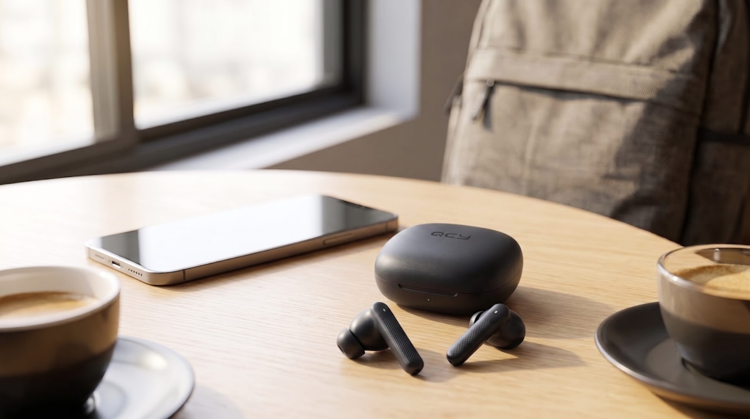 Fone de ouvido Bluetooth QCY T43 no estojo de carregamento sobre mesa de madeira, ao lado de smartphone e café.